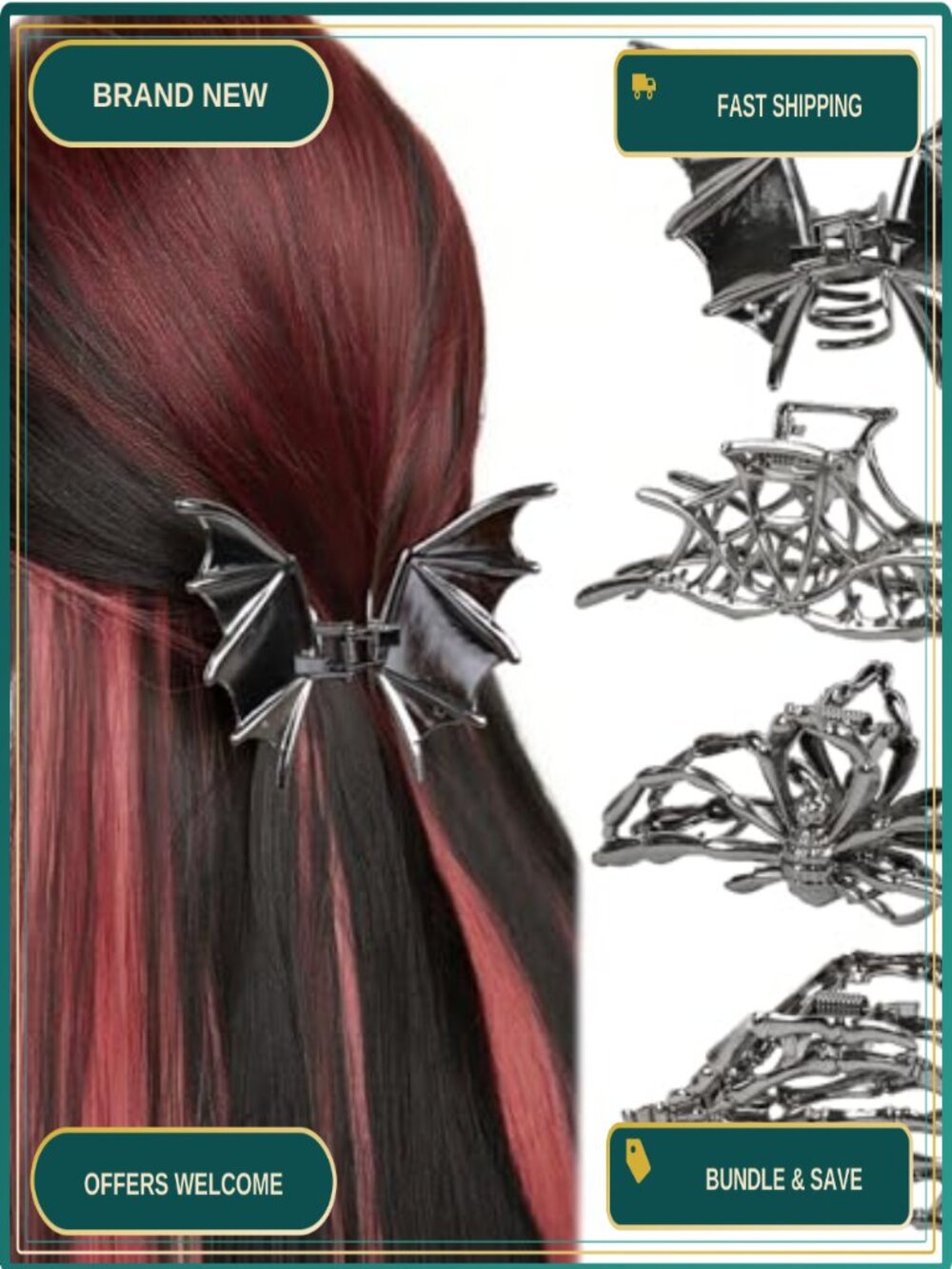 4 Pc Gothic Metal Hair Claw Clips Spider Bat Skeleton